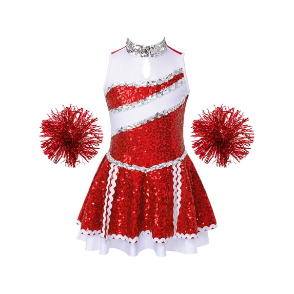 Aislor Girls Sequins Cheerleading Uniform Cheer Leader Outfits Performance Costume Dance Dress with Pom Poms Red 6