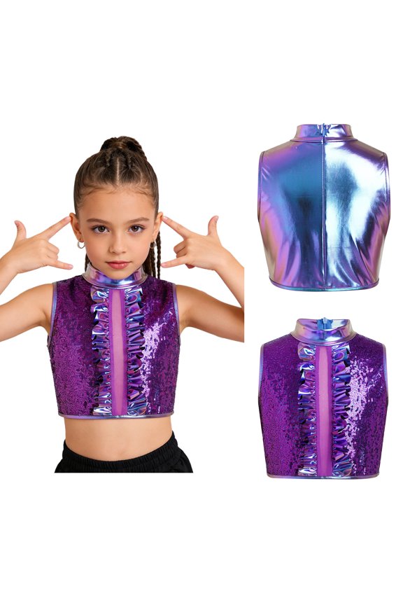 Girls Sequins Dance Tops Party Cha-cha Performance Competition Sparkly Garment Ruffle Vest Blue 6