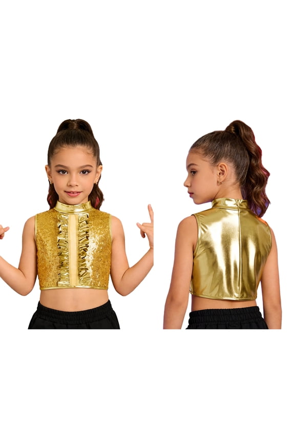 Girls Sequins Dance Tops Party Cha-cha Performance Competition Sparkly Garment Ruffle Vest Gold 16