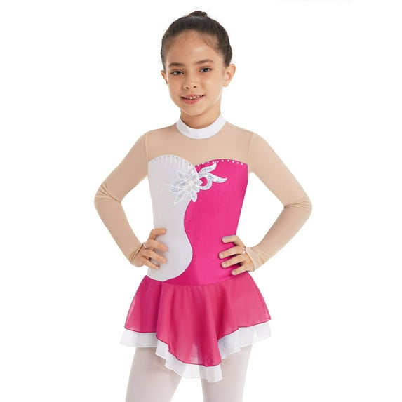 Aislor Girls Sequins Diamonds Leotard Dancewear Kids Long Sleeves Mesh Ballet Dress