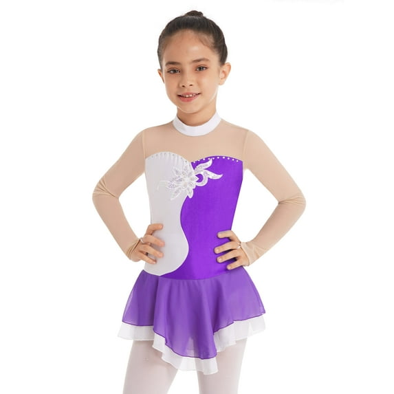 Aislor Girls Sequins Diamonds Leotard Dancewear Kids Long Sleeves Mesh Ballet Dress