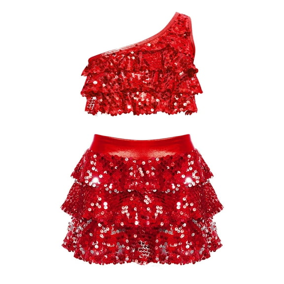 Aislor Girls Sequins Hip Hop Jazz Outfit Stage Performance Ballet Tutu Dress Dancewear Size 6-16 Red 4