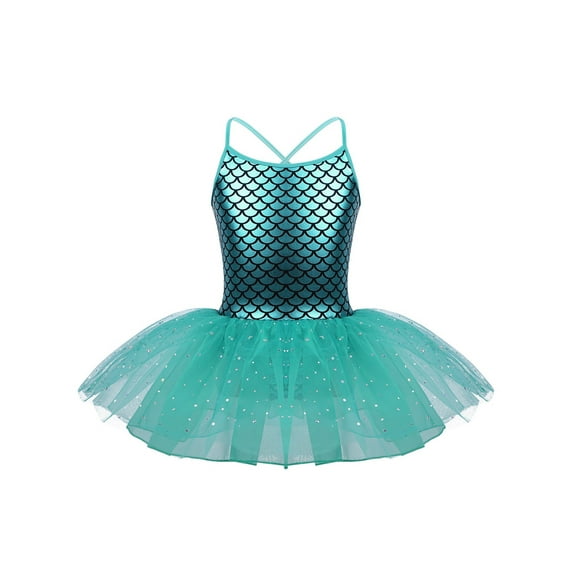 Aislor Girls Sequins Mermaid Costume Criss Cross Back Fishscale Leotard Tutu Ballet Dress Princess 3-10 A Lake_Blue 5
