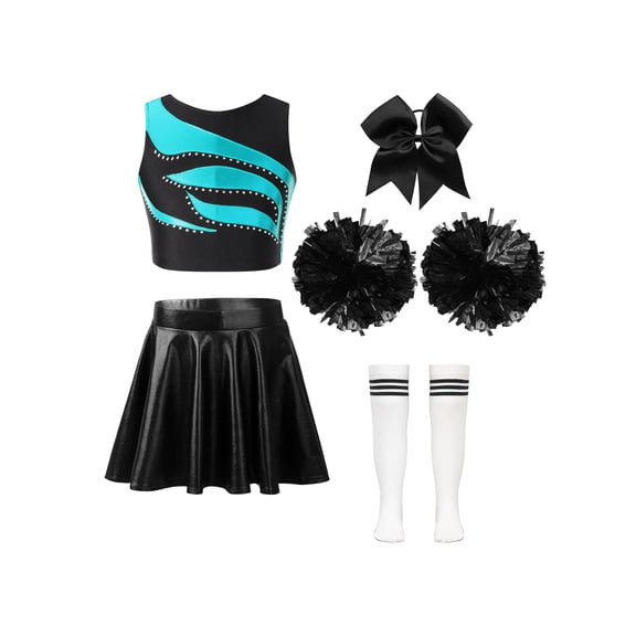 Aislor Girls Shiny Cheerleading Dance Dress Cheer Leader 5Pcs Complete Outfits Party Dancewear A Lake Green&White 6