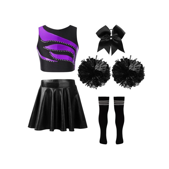 Aislor Girls Shiny Cheerleading Dance Dress Cheer Leader 5Pcs Complete Outfits Party Dancewear A Purple&Black 6
