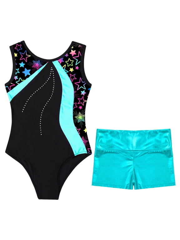 Girls Shiny Gymnastics Leotards Ballet Dance Unitard Bodysuit Workout Running Sport Outfits A Lake Green 10