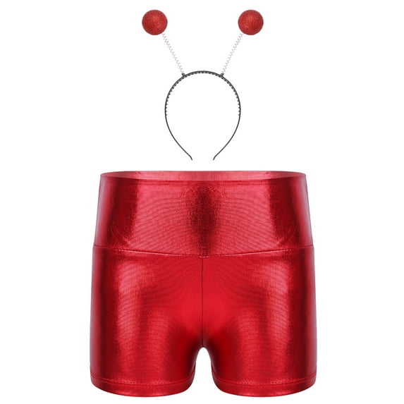 Aislor Girls Shiny Metallic Alien Shorts with Hair Hoop Kids Festival Party High Waist Dance Bottoms Red 12