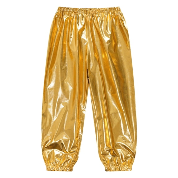Aislor Girls Shiny Metallic Dance Pants Festival Party Pants Disco Loose Harem Trousers Gold 14-15
