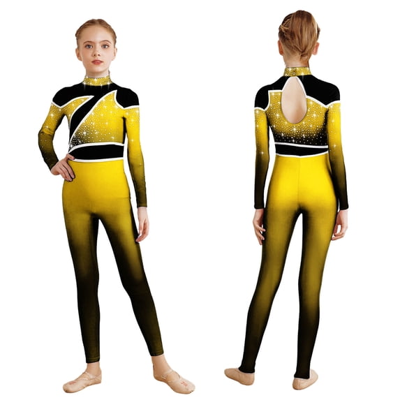 Aislor Girls Shiny Rhinestone Full Body Unitard Gradient Long Sleeve Gymnastics Leotard Dance Jumpsuit Yellow 12