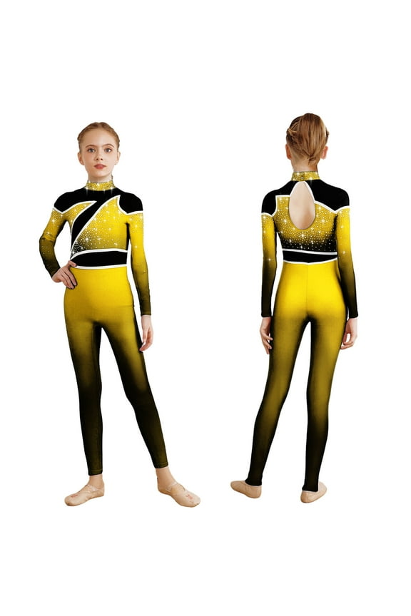 Girls Shiny Rhinestone Full Body Unitard Gradient Long Sleeve Gymnastics Leotard Dance Jumpsuit Yellow 16