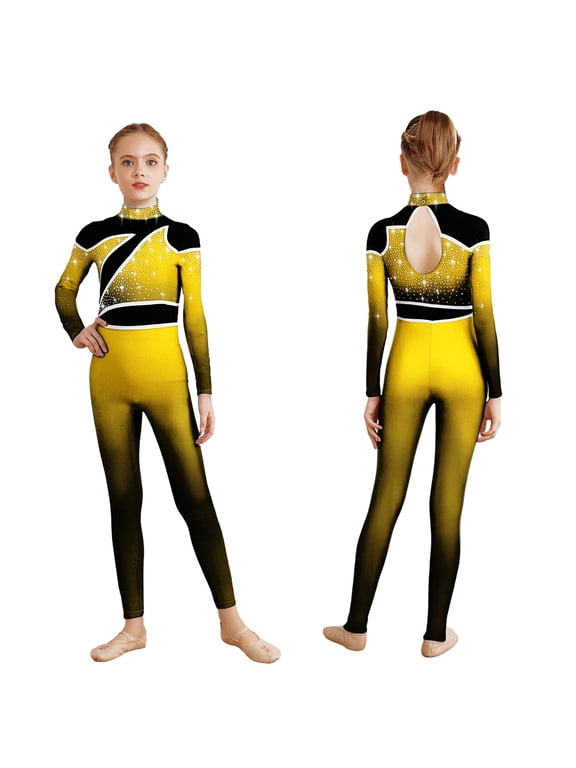 Girls Shiny Rhinestone Full Body Unitard Gradient Long Sleeve Gymnastics Leotard Dance Jumpsuit Yellow 8