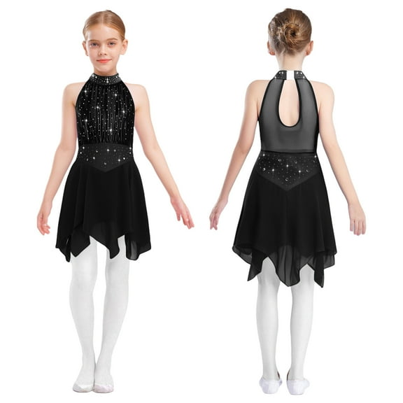 Aislor Girls Shiny Rhinestone Halter Sleeveless Figure Ice Skating Dress Ballet Leotard Dress Lyrical Dancewear Black 10