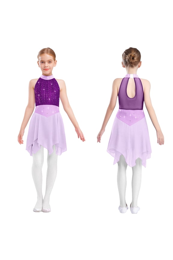 Girls Shiny Rhinestone Halter Sleeveless Figure Ice Skating Dress Ballet Leotard Dress Lyrical Dancewear Purple 12