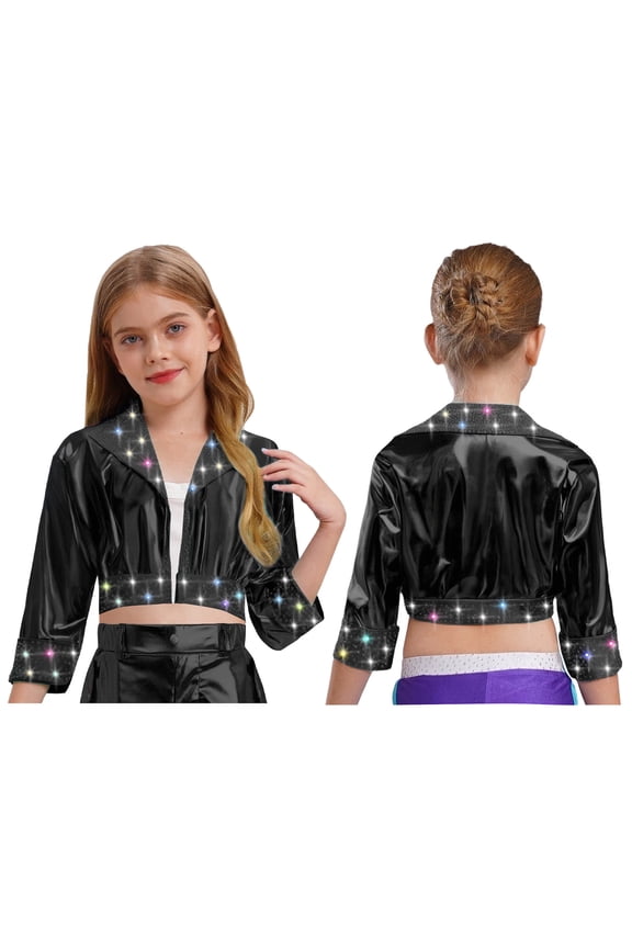 Girls Shiny Rhinestone Metallic Jacket Disco Hip Hop Jazz Dance Crop Top Rave Party Festival Outerwear Black 6