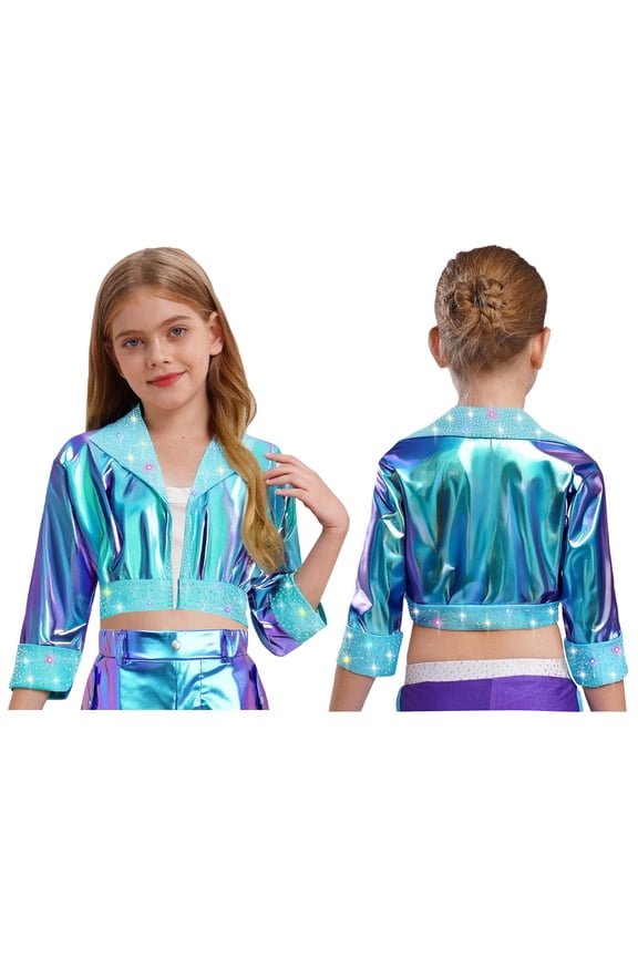 Girls Shiny Rhinestone Metallic Jacket Disco Hip Hop Jazz Dance Crop Top Rave Party Festival Outerwear Blue 8