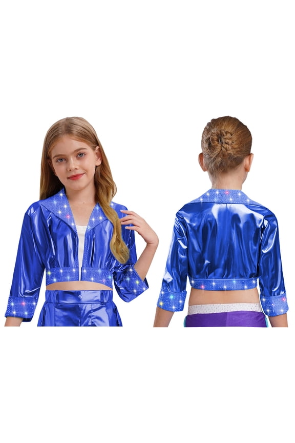 Girls Shiny Rhinestone Metallic Jacket Disco Hip Hop Jazz Dance Crop Top Rave Party Festival Outerwear Royal Blue 8