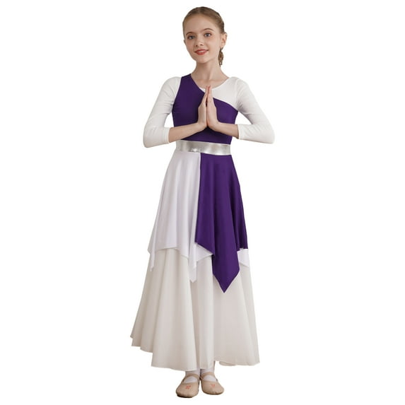 Aislor Girls Sleeveless Color Block Asymmetrical Praise Dance Tunic Ballet Lyrical Dance Dress 6-16 A Purple 16
