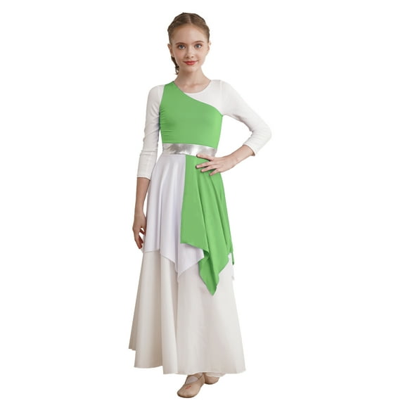 Aislor Girls Sleeveless Color Block Asymmetrical Praise Dance Tunic Ballet Lyrical Dance Dress 6-16 Light Green 14