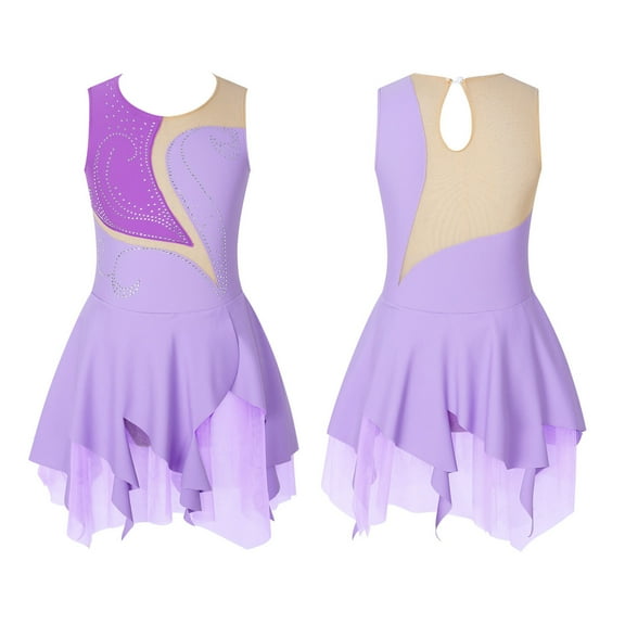 Aislor Girls Sleeveless Figure Ice Roller Skating Dress Rhinestone Gymnastic Leotard Skating wear Size 6-16 Purple 12