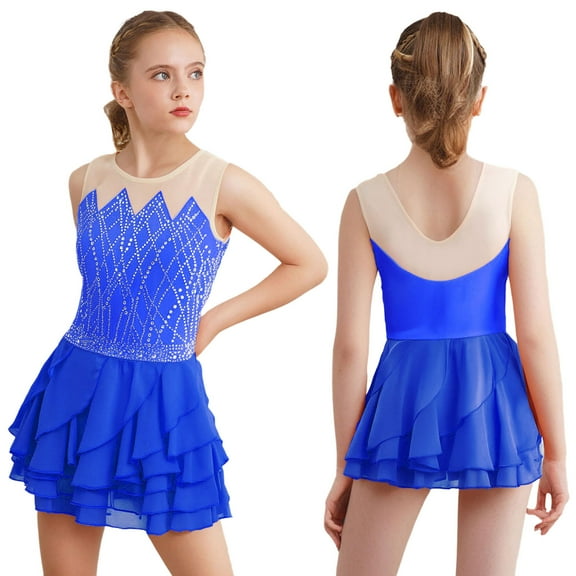 Aislor Girls Sleeveless Figure Ice Skating Jazz Latin Ballet Leotard Dress Ruffle Skirt Performance Blue 6