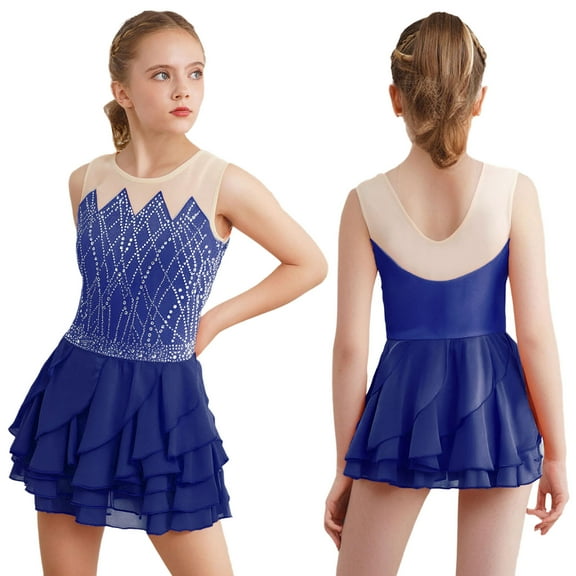 Aislor Girls Sleeveless Figure Ice Skating Jazz Latin Ballet Leotard Dress Ruffle Skirt Performance Navy Blue 4