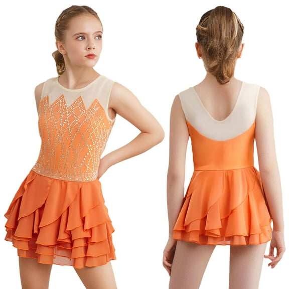 Aislor Girls Sleeveless Figure Ice Skating Jazz Latin Ballet Leotard Dress Ruffle Skirt Performance Orange 4