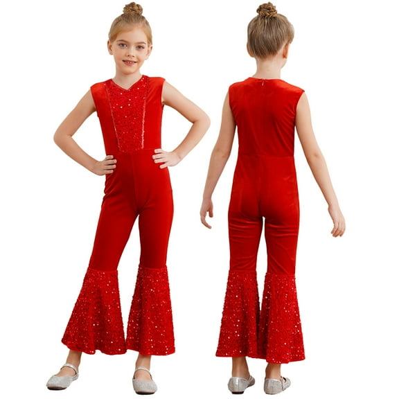 Aislor Girls Sleeveless Flared Jumpsuit Sequins Bodysuit Christmas Disco Hip Hop Party Red 8