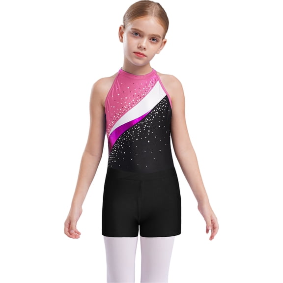 Aislor Girls Sleeveless Gymnastics Leotard Ballet Dance Unitard with Shorts and Hair Band Set A Black&Pink 6