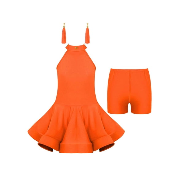 Aislor Girls Sleeveless Hollow Back Latin Ballroom Dancewear Dress with Shorts and Tassel Earrings Costume
