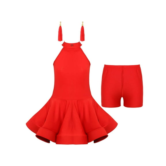 Aislor Girls Sleeveless Hollow Back Latin Ballroom Dancewear Dress with Shorts and Tassel Earrings Costume
