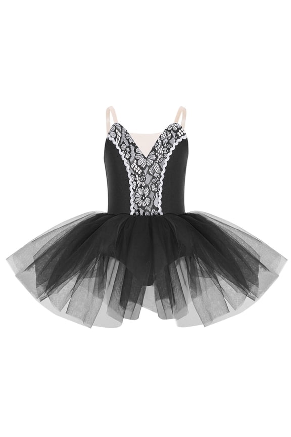 Girls Sleeveless Lace Swan Lake Ballet Dance Tutu Dress Camisole Gymnastic Skirted Leotard Ballerina Black 6