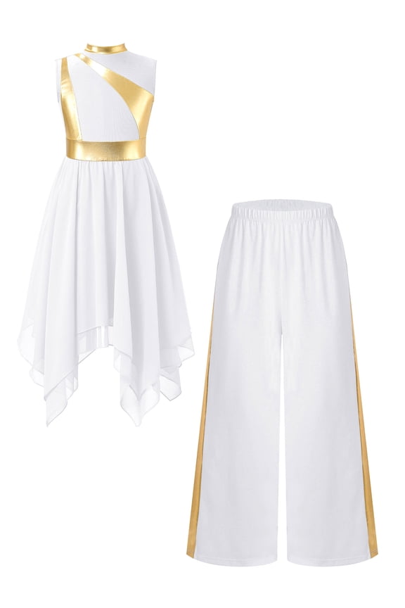 Girls Sleeveless Praise Dance Dress Metallic Gold Liturgical Worship Tunic with Wide Leg Pants Set Purple 12
