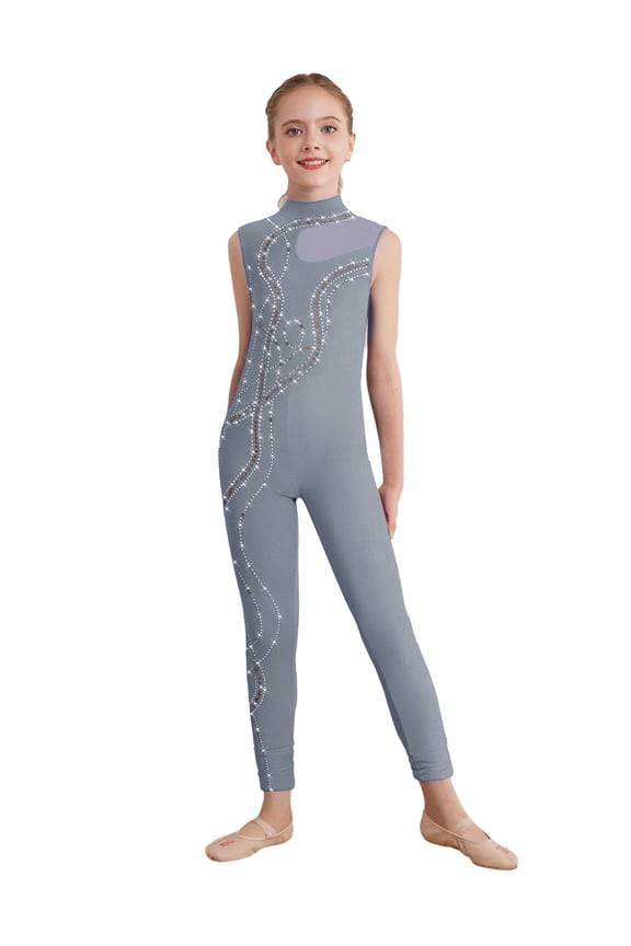 Girls Sleeveless Sparkly Rhinestone Full Body Unitard Gymnastics Dance Leotard Skating Jumpsuit Bodysuit Grey 10