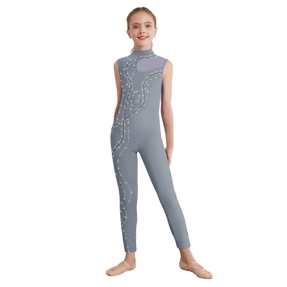 Aislor Girls Sleeveless Sparkly Rhinestone Full Body Unitard Gymnastics Dance Leotard Skating Jumpsuit Bodysuit Grey 8