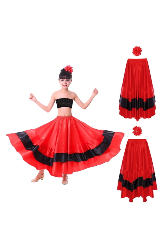 Girls Spanish Bull Folkloric Mexican Flamenco Performance Dance Outfits Ruffle Skirt with Hairclip 360-Degree 150