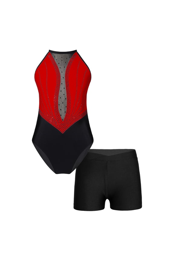 Girls Sparkly Diamond Sleeveless Gymnastics Ballet Dance Leotard Unitard Bodysuit with Shorts Set Red 12