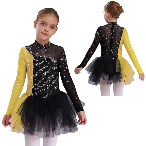 Aislor Girls Sparkly Figure Skating Dress Long Sleeve Ballet Tutu Leotard Contemporary Dancewear Black Yellow 16