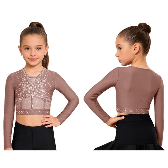 Aislor Girls Sparkly Gymnastics Lyrical Ballet Dance Shirt Long Sleeve Rhinestones Figure Skating Crop Top Dusty Pink 6