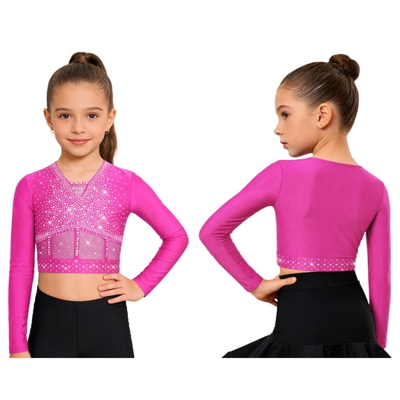 Aislor Girls Sparkly Gymnastics Lyrical Ballet Dance Shirt Long Sleeve Rhinestones Figure Skating Crop Top Hot Pink 12