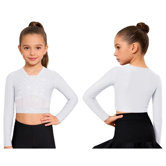 Aislor Girls Sparkly Gymnastics Lyrical Ballet Dance Shirt Long Sleeve Rhinestones Figure Skating Crop Top White 16