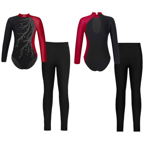 Aislor Girls Sparkly Long Sleeves Gymnastics Leotard Ballet Dance Bodysuit Unitard with Leggings Set Size 6-16 Burgundy&Black 12