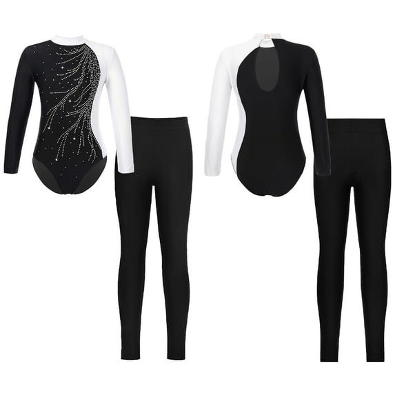 Aislor Girls Sparkly Long Sleeves Gymnastics Leotard Ballet Dance Bodysuit Unitard with Leggings Set Size 6-16 White&Black 14