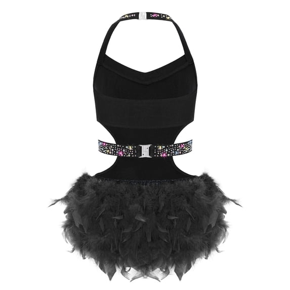 Aislor Girls Sparkly Rhinestone Halter Sleeveless Latin Jazz Ballet Dance Leotard Skirted for Performance Black 10