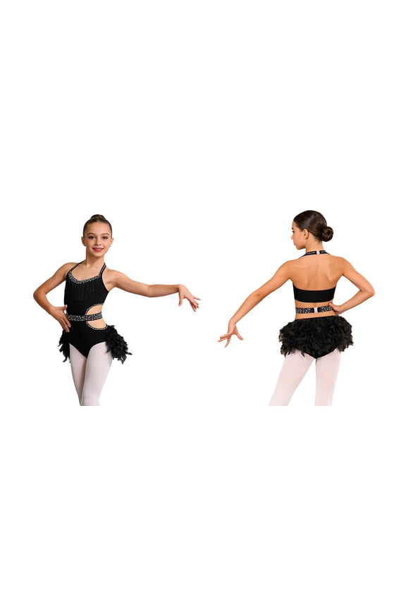 Girls Sparkly Rhinestone Halter Sleeveless Feather Latin Jazz Ballet Dance Skirted Leotard for Performance Black 6