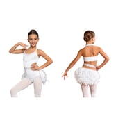 Aislor Girls Sparkly Rhinestone Halter Sleeveless Feather Latin Jazz Ballet Dance Skirted Leotard for Performance Ivory 16