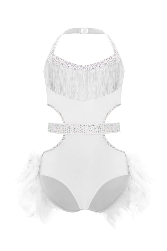 Girls Sparkly Rhinestone Halter Sleeveless Latin Jazz Ballet Dance Leotard Skirted for Performance Ivory 16