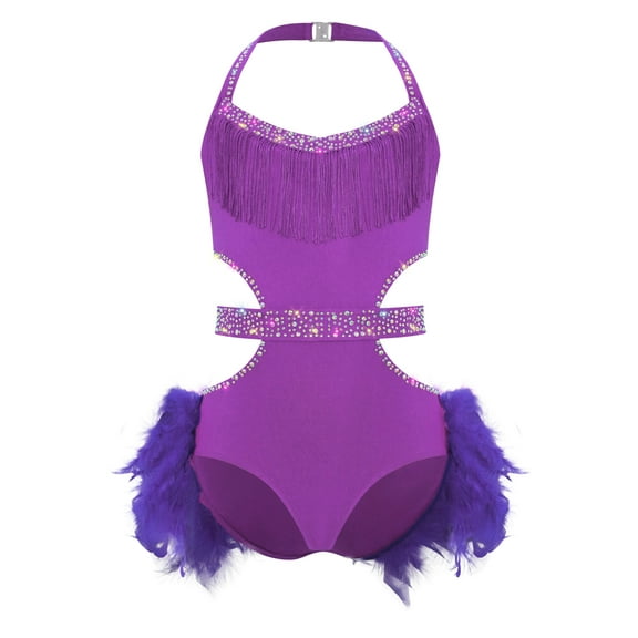 Aislor Girls Sparkly Rhinestone Halter Sleeveless Latin Jazz Ballet Dance Leotard Skirted for Performance Purple 14
