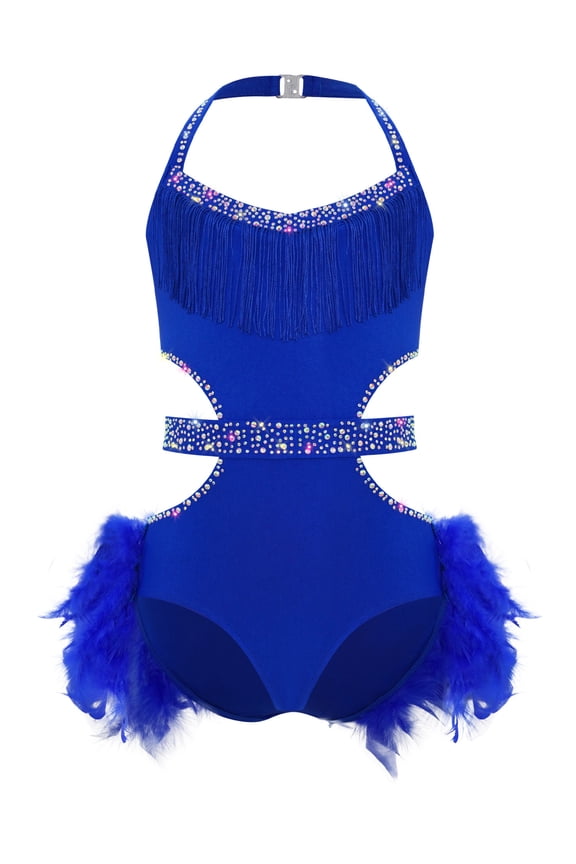 Girls Sparkly Rhinestone Halter Sleeveless Latin Jazz Ballet Dance Leotard Skirted for Performance Royal Blue 6