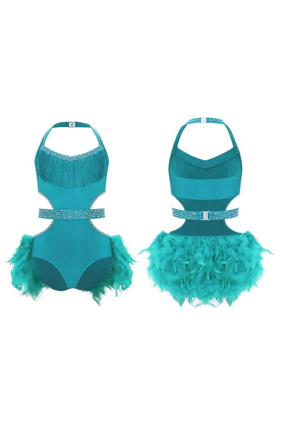 Girls Sparkly Rhinestone Halter Sleeveless Latin Jazz Ballet Dance Leotard Skirted for Performance Turquoise 6