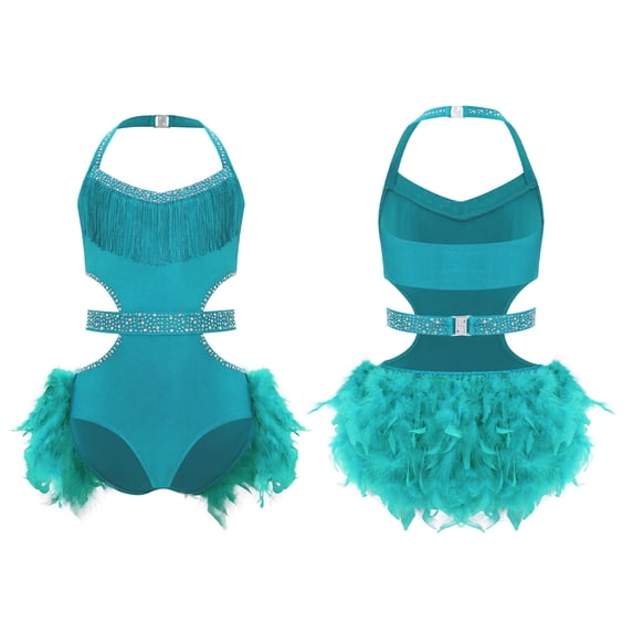 Aislor Girls Sparkly Rhinestone Halter Sleeveless Latin Jazz Ballet Dance Leotard Skirted for Performance Turquoise 8